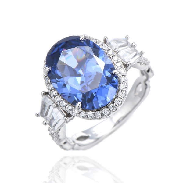 925 Oval Shape Tanzanite And White Cubic Zircon Rhodium Silver Ring 