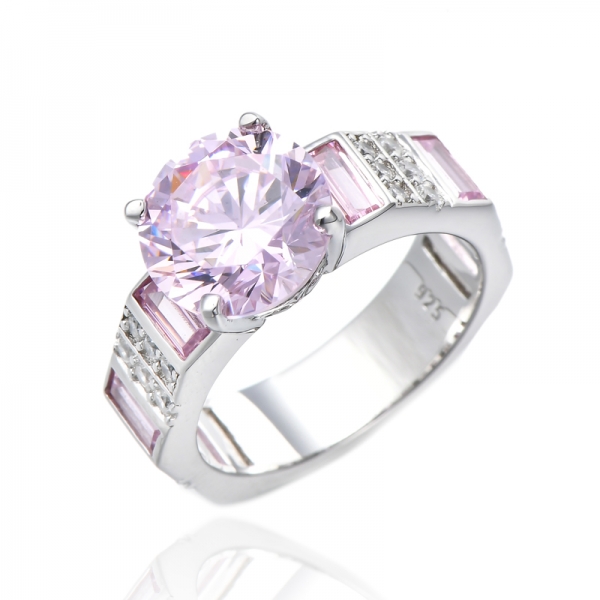 Round Tanzanite And White Cubic Zircon Rhodium Silver Ring 