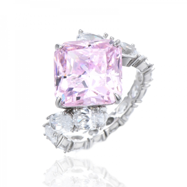 Octagon Diamond Pink And Oval Shape White Cubic Zircon Rhodium Silver Ring 