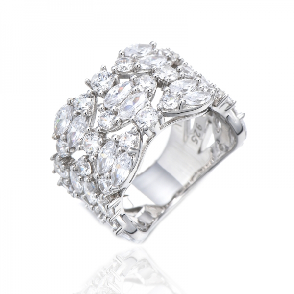 Marquise Green Nano And Round White Cubic Zircon Rhodium Silver Ring 