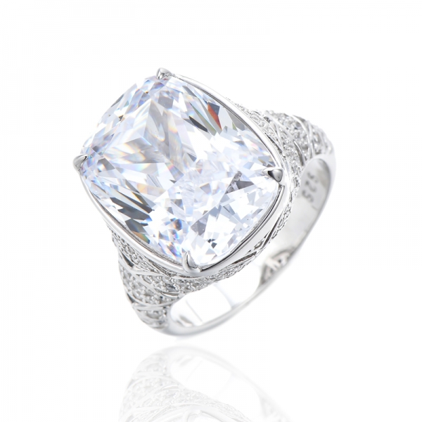 Cushion Tanzanite And Ruond White Cubic Zircon Rhodium Silver Ring 