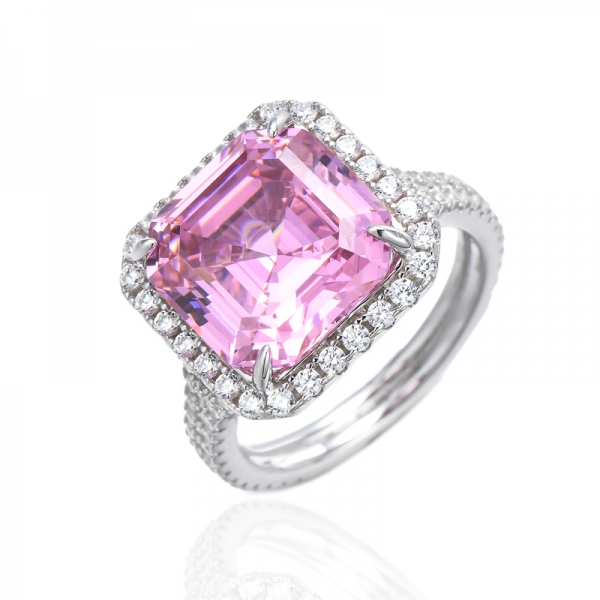 Asscher Pink And Round White Cubic Zircon Rhodium Silver Ring 