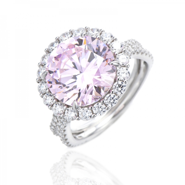 Round Diamond Pink And White Cubic Zircon Rhodium Silver Ring 