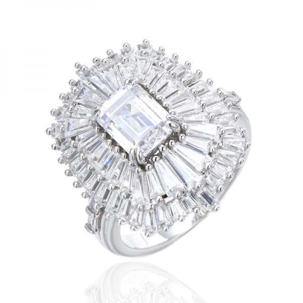 Emerald Cut Tanzanite And White Cubic Zircon Rhodium Silver Ring 