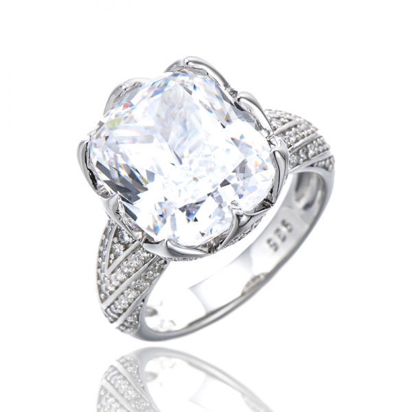Cushion Diamond Pink And Round White Cubic Zircon Rhodium Silver Ring 
