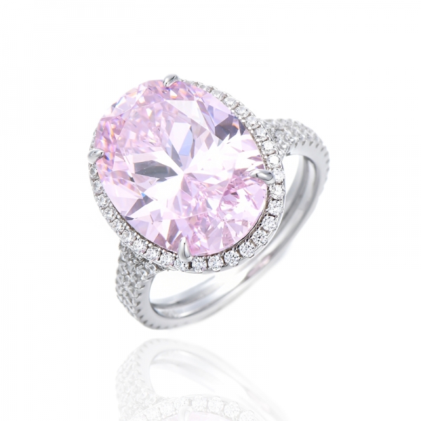 Oval Shape Diamond Pink And Round White Cubic Zircon Rhodium Silver Ring 