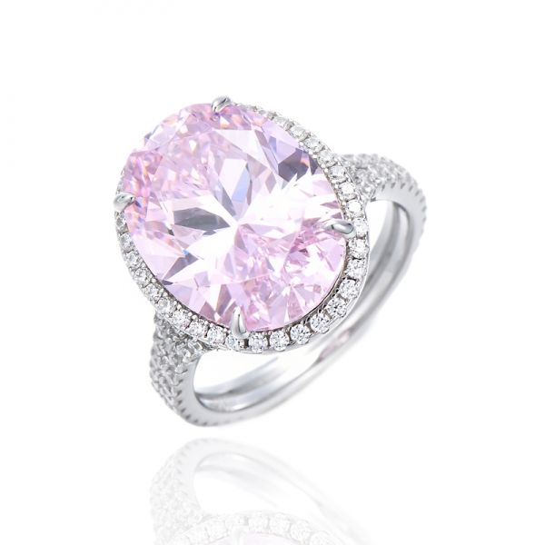 Oval Shape Diamond Pink And Round White Cubic Zircon Rhodium Silver Ring 