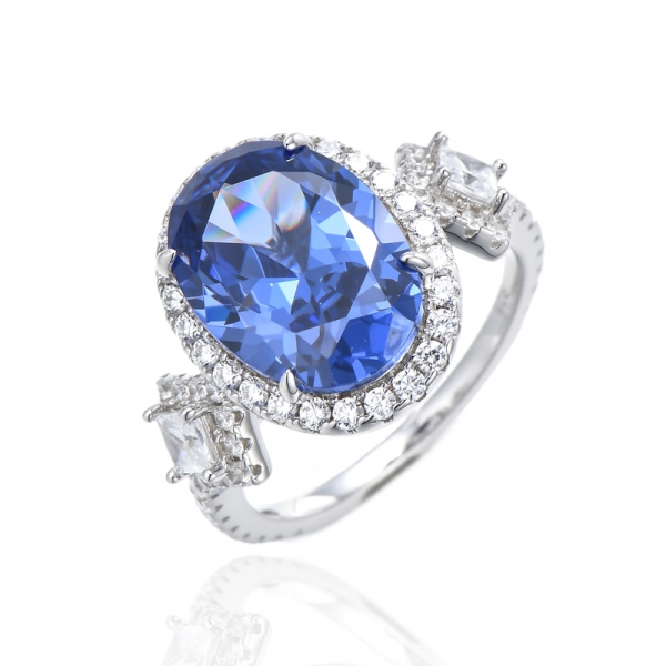 Oval Shape Tanzanite And White Cubic Zircon Rhodium Silver Ring 