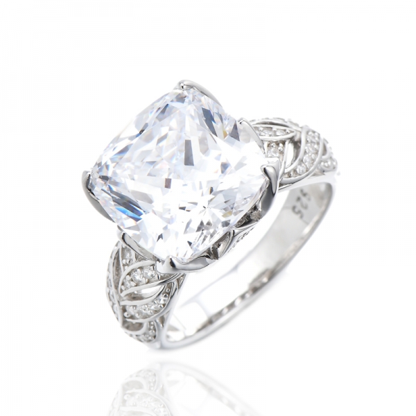 Cushion Tanzanite And Round White Cubic Zircon Rhodium Silver Ring 