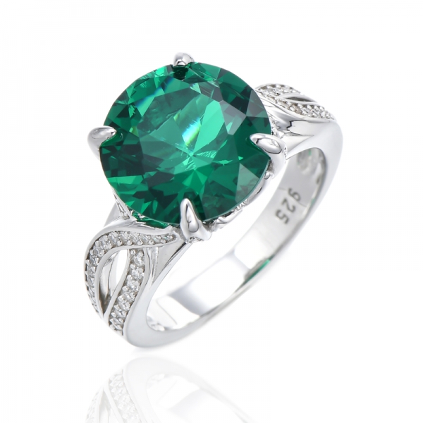 Round Green Nano And White Cubic Zircon Rhodium Silver Ring 