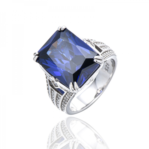 Octagon Tanzanite And White Cubic Zircon Rhodium Silver Ring 