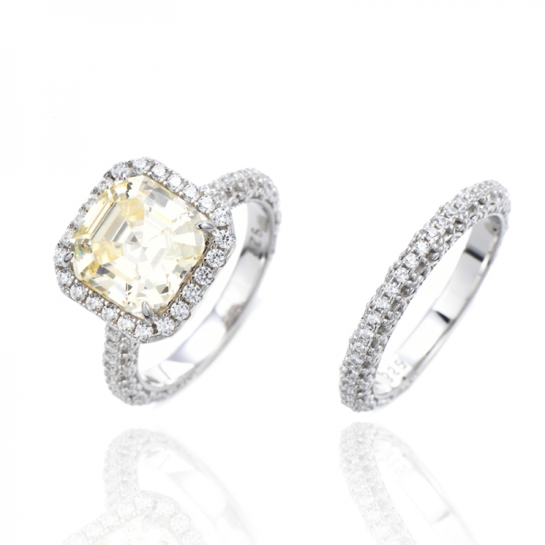 Asscher Canary And Round White Cubic Zircon Rhodium Silver Ring 