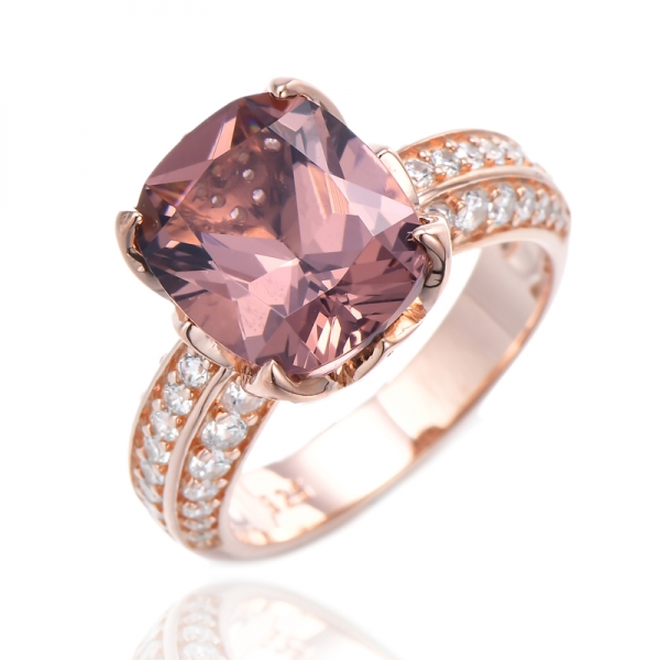 Cushion Morganite Nano And Round White Cubic Zircon Silver Ring With Rose Gold Plating 