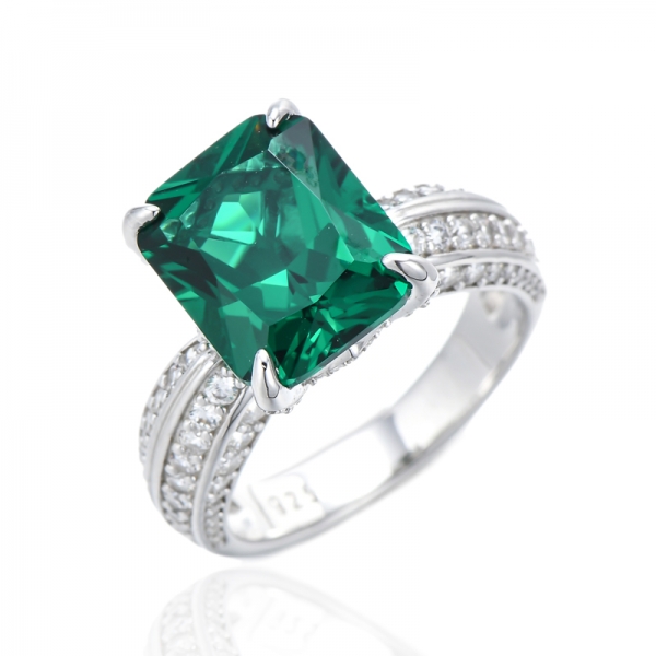 Octagon Green Nano And Round White Cubic Zircon Rhodium Silver Ring 