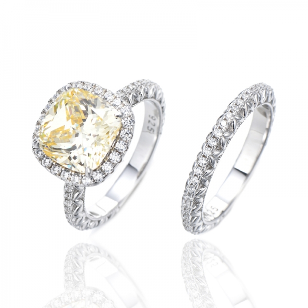 Cushion Diamond Yellow And Round White Cubic Zircon Rhodium Silver Ring 