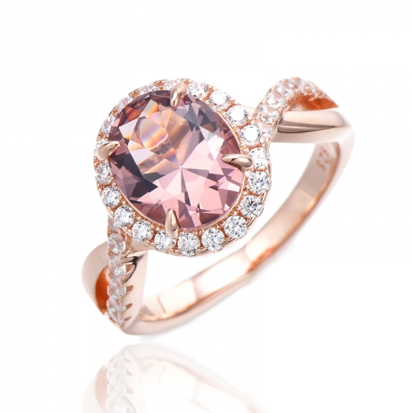 Oval Shape Morganite Nano And Round White Cubic Zircon Silver Ring With Rose Gold Plating 