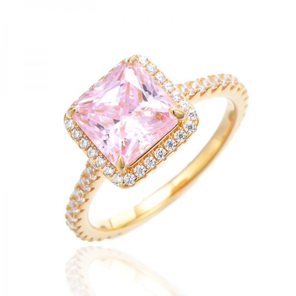 Octagon Diamond Pink And Round White Cubic Zircon Silver Ring With Gold Plating 