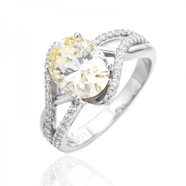 Oval Shape Diamond Yellow And Round White Cubic Zircon Rhodium Silver Ring 