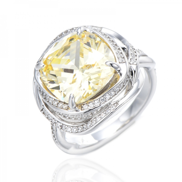 Cushion Canary And Round White Cubic Zircon Rhodium Silver Ring 