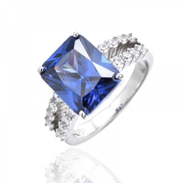 Octagon Tanzanite And Round White Cubic Zircon Rhodium Silver Ring 