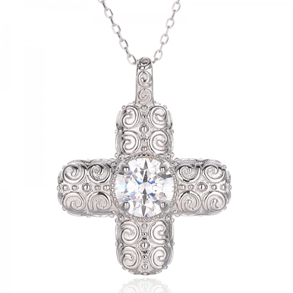 925 Round Tanzanite Cubic Zircon Rhodium Silver Cross Pendant 