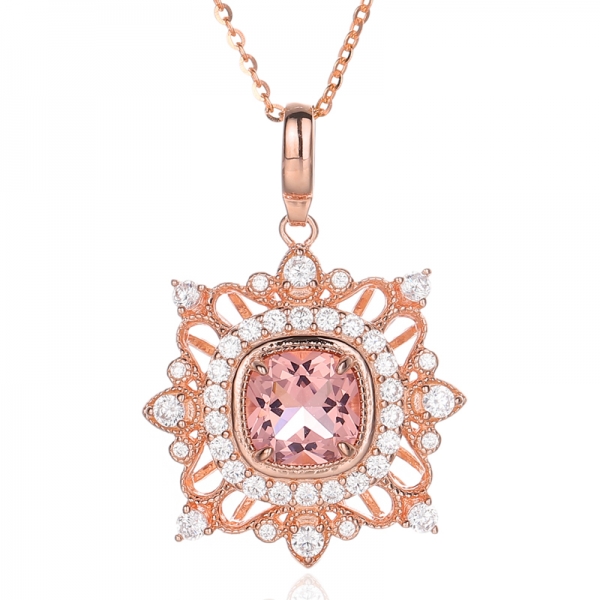 Cushion Morganite Nano And Round White Cubic Zircon Silver Pendant With Rose Glod Plating 