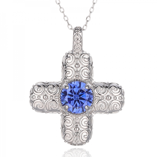 925 Round Tanzanite Cubic Zircon Rhodium Silver Cross Pendant 