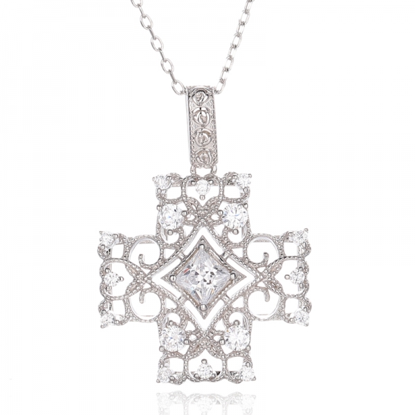 925 Square Tanzanite And Round White Cubic Zircon Rhodium Silver Pendant 