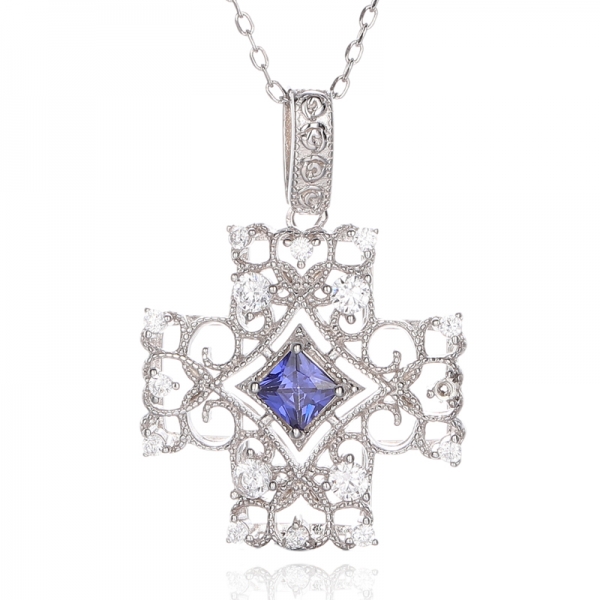 925 Square Tanzanite And Round White Cubic Zircon Rhodium Silver Pendant 