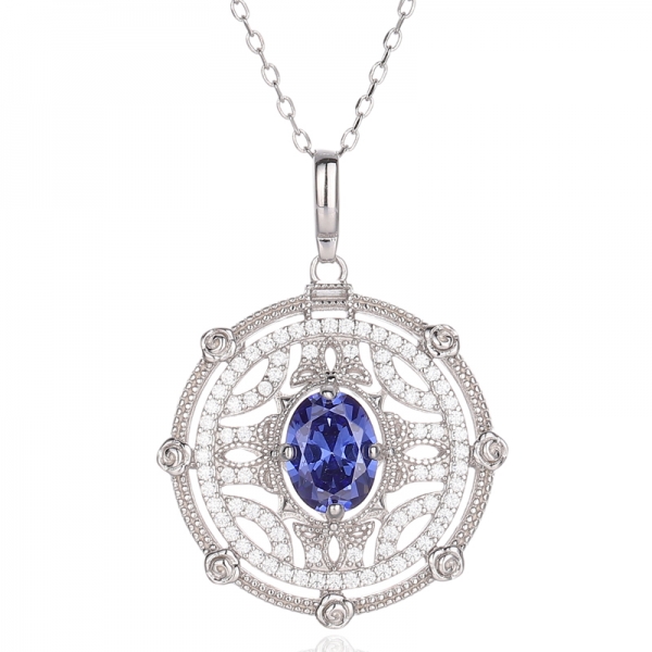 925 Oval Shape Tanzanite And Round White Cubic Zircon Rhodium Silver Pendant 