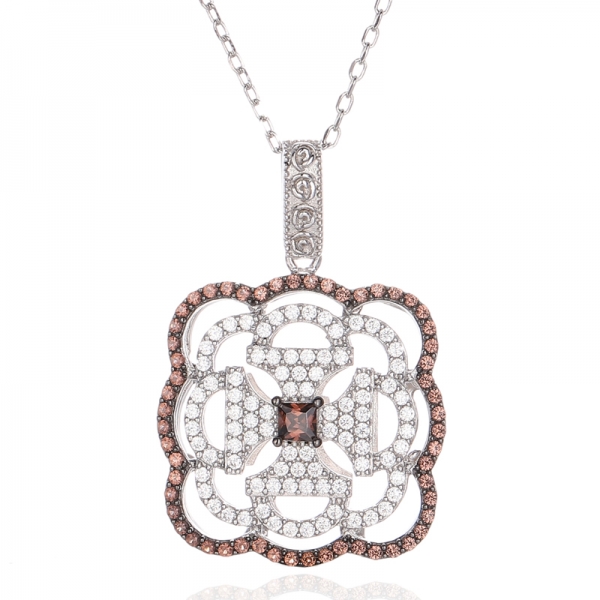 925 Square Mocha And Round White Cubic Zircon Silver Pendant With Rhodium And Black Gold Plating 