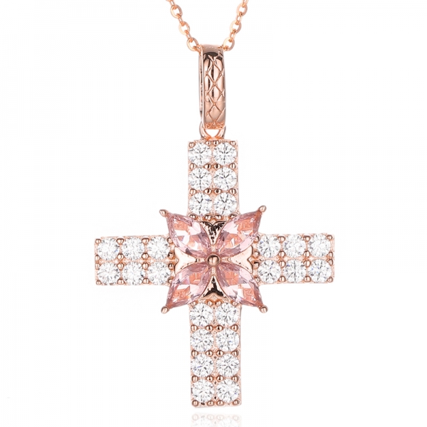 Marquise Morganite Nano And Round White Cubic Zircon Silver Pendant With Rose Glod Plating 