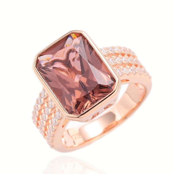 Octagon Morganite Nano And Round White Cubic Zircon Silver Ring With Rose Gold Plating 