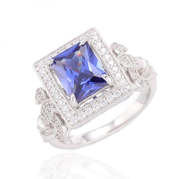 925 Emerald Shape Tanzanite And White Cubic Zircon Rhodium Silver Ring 