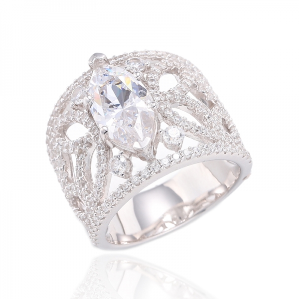 Marquise Tanzanite And Round White Cubic Zircon Rhodium Silver Ring 