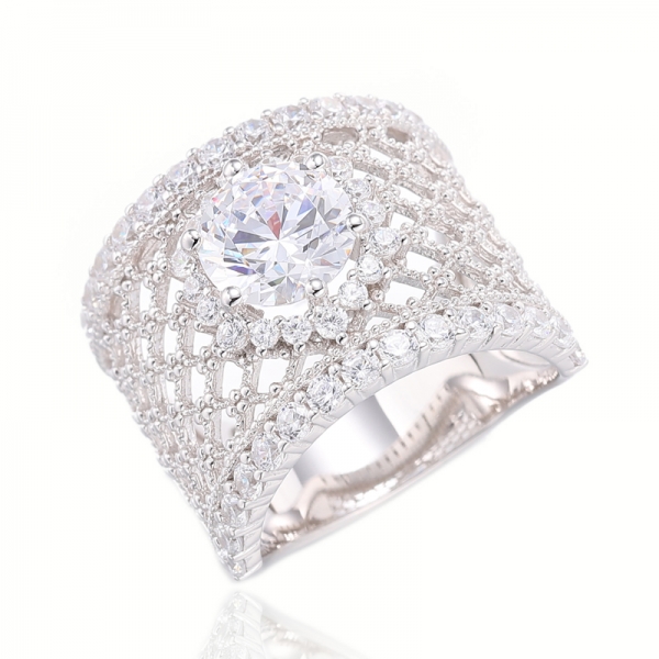 Round White And Tanzanite Cubic Zircon Rhodium Silver Ring 