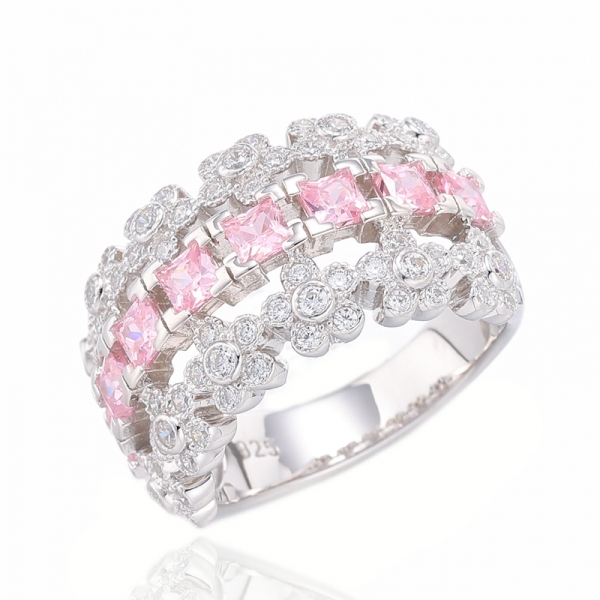 Square Pink And Round White Cubic Zircon Rhodium Silver Ring 