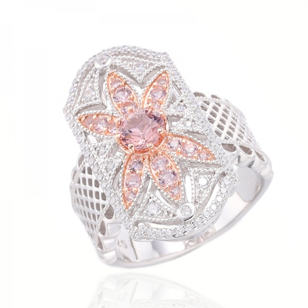 Round Morgnaite Nano And White Cubic Zircon Silver Ring With Rhodium And Rose Gold Plating 