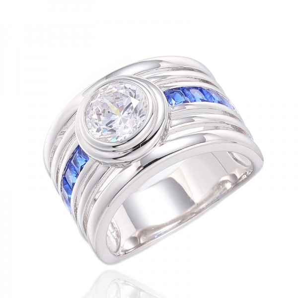 Square Blue Nano And Round White Cubic Zircon Rhodium Silver Ring 