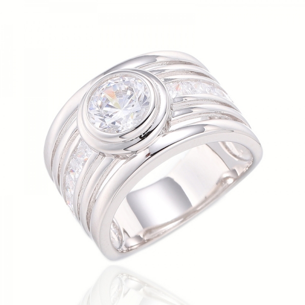 Square Blue Nano And Round White Cubic Zircon Rhodium Silver Ring 