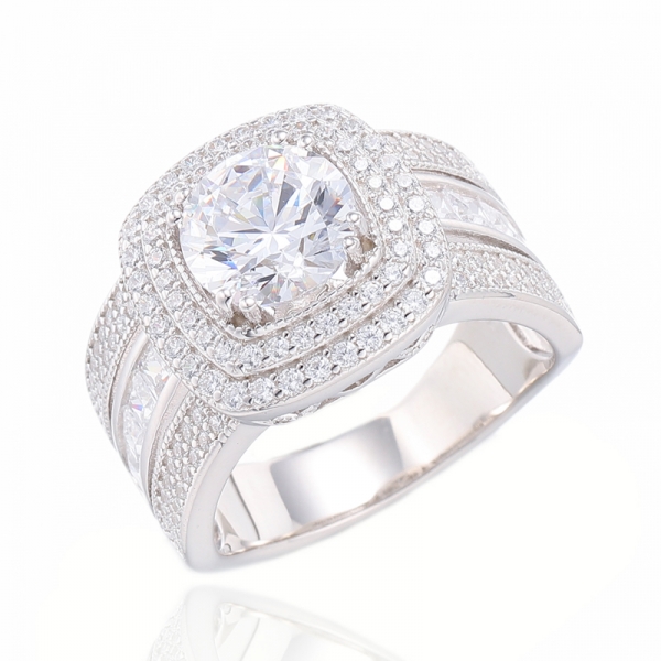 Round Tanzanite Cubic Zircon And Square Tanzanite Nano Rhodium Silver Ring 