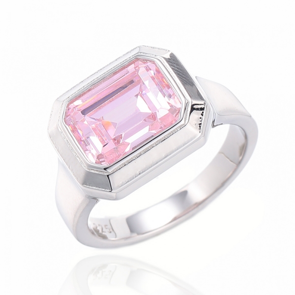 Emerald Shape Diamond Pink Cubic Zircon Rhodium Silver Ring 