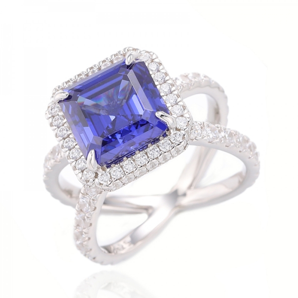 925 Asscher And Ruond White Cubic Zircon Rhodium Silver Ring 