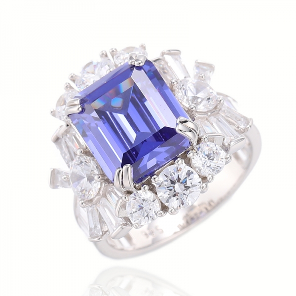 Emerald Shape Diamond Pink And Round Pink Cubic Zircon Silver Ring With Rhodium And Rose Gold Plating 