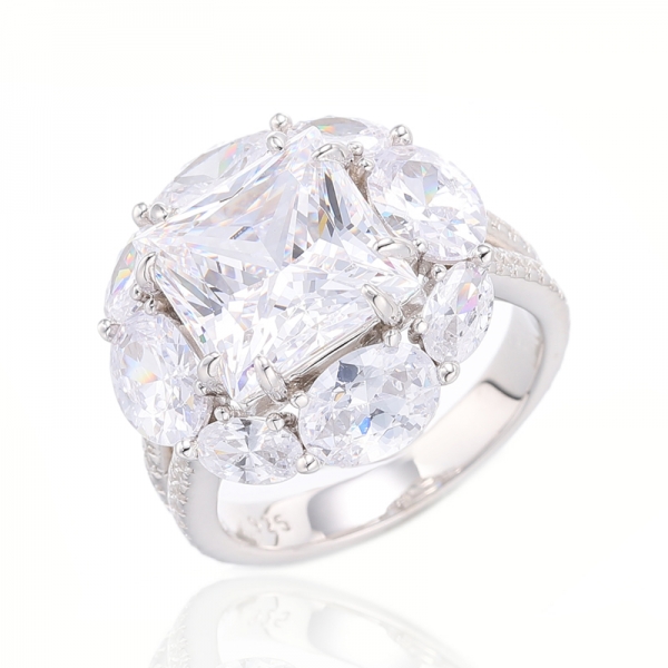 Square Diamond Yellow And Oval Shape Pink Cubic Zircon Rhodium Silver Ring 