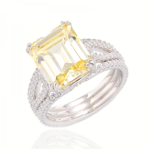 Emerald Cut And Round White Cubic Zircon Silver Ring With Rose Gold Plating 