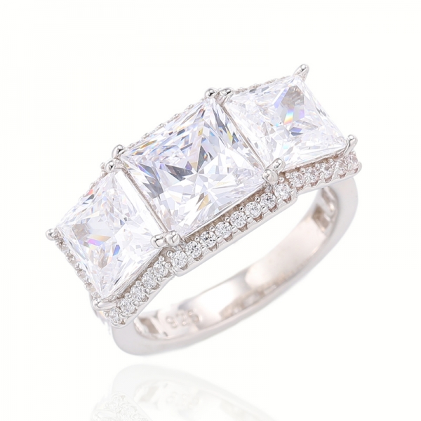 Square Tanzanite And White Cubic Zircon Rhodium Silver Ring 