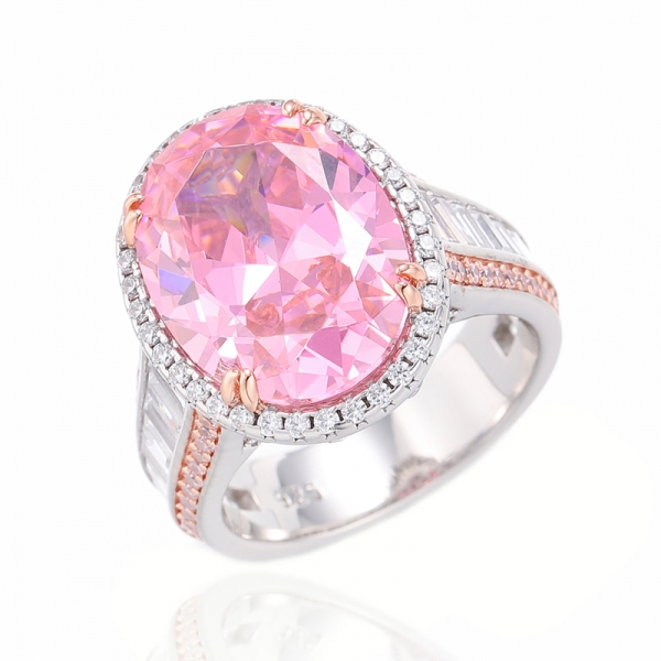 Oval Shape Pink And White Cubic Zircon Silver Ring With Rhodium And Rose Gold Plating 