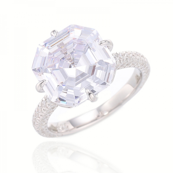 Asscher Canary And Ruond White Cubic Zircon Rhodium Silver Ring 