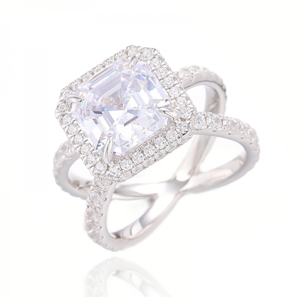 925 Asscher And Ruond White Cubic Zircon Rhodium Silver Ring 